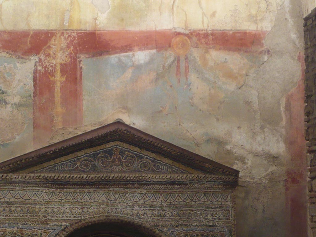 VII.2.45 Pompeii. May 2012. Detail of east side of north wall behind fountain. Photo courtesy of Buzz Ferebee.