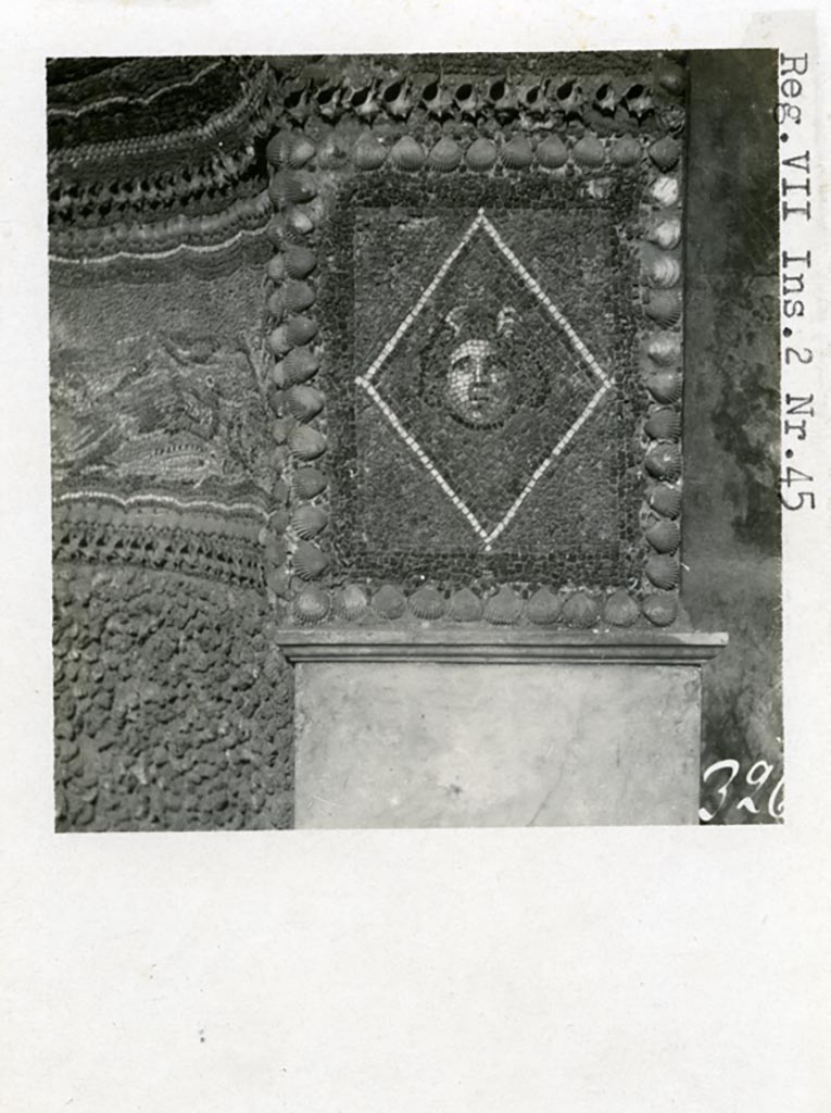 VII.2.45 Pompeii. Pre-1937-39. Detail from east side of fountain.
Photo courtesy of American Academy in Rome, Photographic Archive. Warsher collection no. 326.