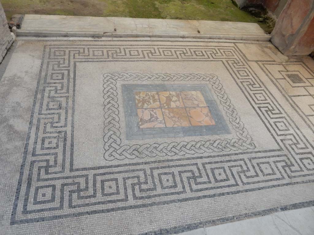 VII.2.45 Pompeii, June 2019. Looking north across tablinum flooring towards threshold separating from garden area.
Photo courtesy of Buzz Ferebee.
