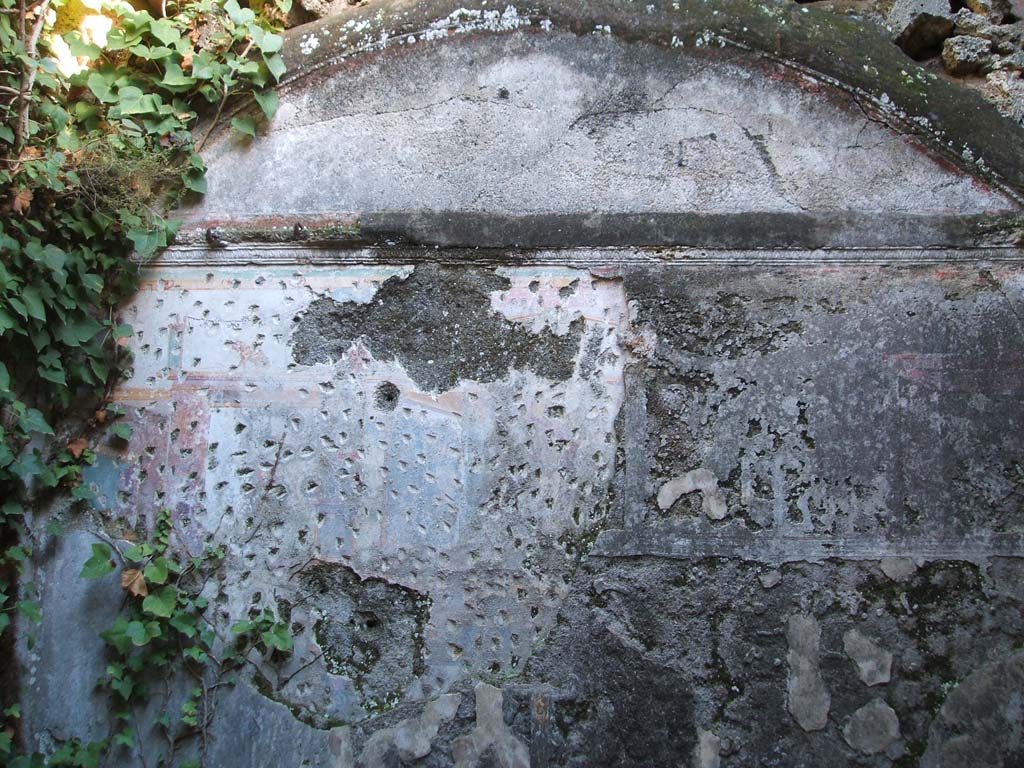 VII.2.48 Pompeii. December 2004. East wall of cubiculum, with vaulted ceiling, stucco cornice, and remains of painted decoration. 