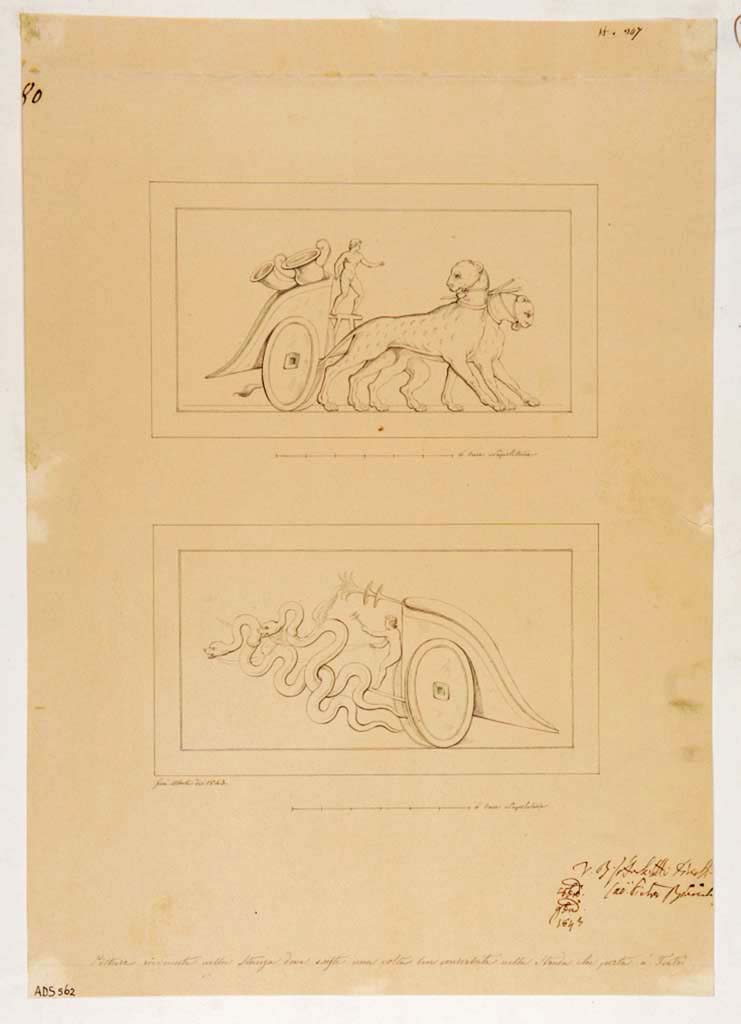 VII.3.21 Pompeii. 1843 drawings by G. Abbate of two chariots that decorated the walls but are now vanishing.
The top chariot is of Dionysus, identified by the panthers, a rhyton and kantharos.
The lower chariot is of Demeter (Ceres) pulled by serpents and guided by a young child who holds a torch in the left hand.
Now in Naples Archaeological Museum. Inventory number ADS 562.
Photo � ICCD. https://www.catalogo.beniculturali.it
Utilizzabili alle condizioni della licenza Attribuzione - Non commerciale - Condividi allo stesso modo 2.5 Italia (CC BY-NC-SA 2.5 IT)
