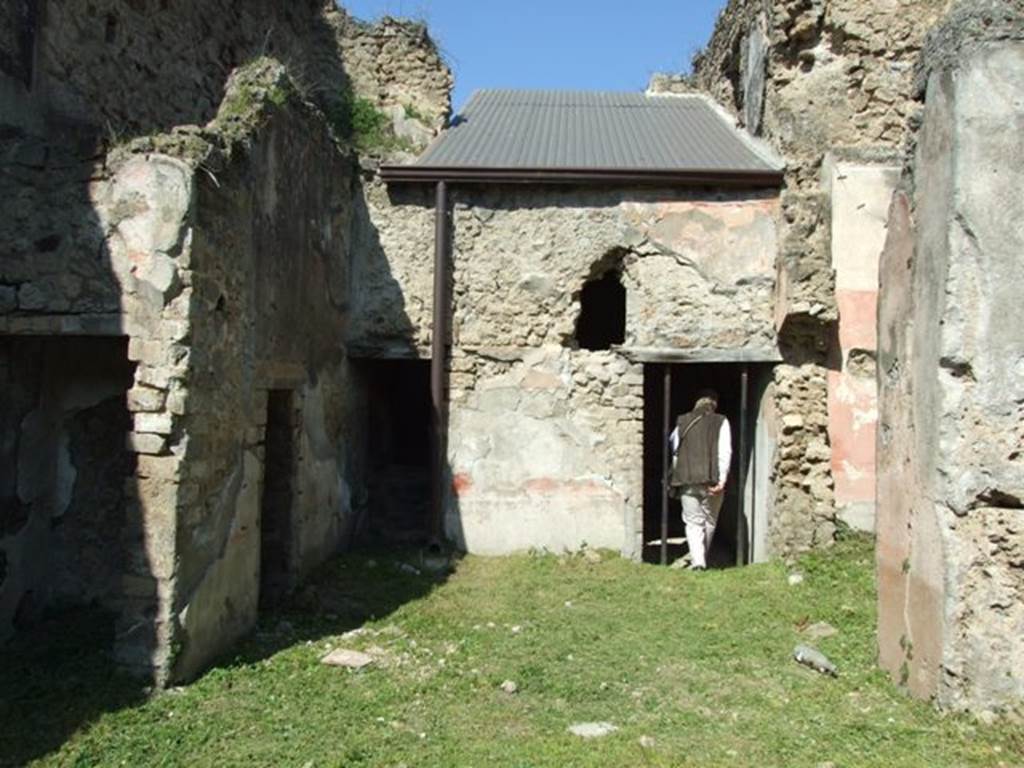 VII.3.29 Pompeii. March 2009. Room 6, tablinum. Looking north.
According to Sogliano, in the tablinum, a mythological painting was seen but subject was not discernible, as the painting was very damaged, a young man of brown colouring, with red cloak who seemed to be holding something in his right hand, sat between three standing women. 
See Sogliano, A., 1879. Le pitture murali campane scoverte negli anni 1867-79. Napoli: Giannini. (p.126, no.615)
