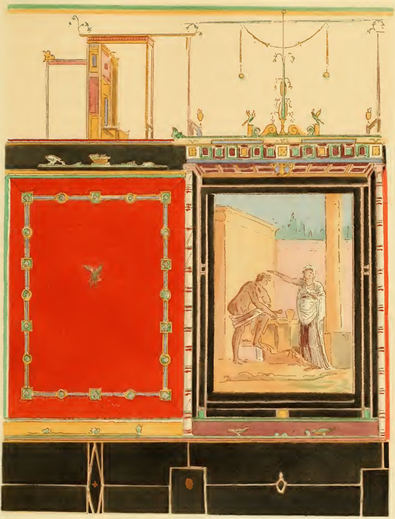 VII.3.29 Pompeii. Undated painting by Pierre Gusman showing south wall of triclinium.
The central wall painting is now in Naples Museum. Inventory number 120086.
(XVI. Oecus de la maison de Spurius Mesor (R�gion IV, 3, 39). Au mus�e de Naples.)
See Gusman P., 1924. La D�coration Murale de Pompei. Paris : Moranc�, pl. XVI.
