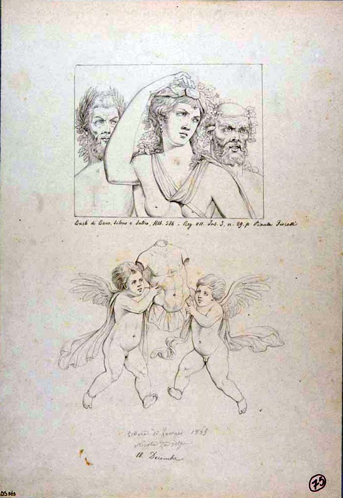 VII.3.29 Pompeii. Room 13, ala on east side of atrium. South wall.
18th December 1865 drawing by Nicola La Volpe of two vignettes. 
In the first are depicted the busts of three characters of the Bacchic cortege: in the centre is a Maenad with bare breasts who holds the right arm on the head, at whose shoulders are, on the left, a pine-crowned Satyr and, on the right, Silenus crowned with ivy.
In the second panel are depicted two winged cupids in flight, with bracelets at the ankles, and they carry, between them, a large golden breastplate.
Now in Naples Archaeological Museum. Inventory number ADS 563.
Photo � ICCD. http://www.catalogo.beniculturali.it
Utilizzabili alle condizioni della licenza Attribuzione - Non commerciale - Condividi allo stesso modo 2.5 Italia (CC BY-NC-SA 2.5 IT)
Helbig identified the heads as Bacchus, Silenus and Satyr. 
The lower drawing, from a painted panel in the atrium, was of two cupids carrying a large golden breast-plate. 
The drawings show paintings that are now totally faded.
See Helbig, W., 1868. Wandgem�lde der vom Vesuv versch�tteten St�dte Campaniens. Leipzig: Breitkopf und H�rtel, (386).
Kuivalainen describes �
A composition of three busts, heads slightly turned to their left. The one in the middle is an effeminate youth wearing a chlamys, which forms an arch on his naked chest; his long and curly hair is tied with a taenia, which he touches with the delicate fingers of his right hand. On the youth�s left stands a sprightly, bearded satyr with a pine wreath on his head. On the right side stands Silenus with a ribbon and leaves at his temples. All three are intensively looking to their left.
He comments �
The effeminate Bacchus had, according to Helbig, a thyrsus across his chest, while La Volpe depicted him with the arching sleeve of a cloak and a leather band. This gesture by Bacchus appears every now and then in Pompeian wall paintings, notwithstanding the posture of his bodily frame.
See Kuivalainen, I., 2021. The Portrayal of Pompeian Bacchus. Commentationes Humanarum Litterarum 140. Helsinki: Finnish Society of Sciences and Letters, (F17, p.172). 

