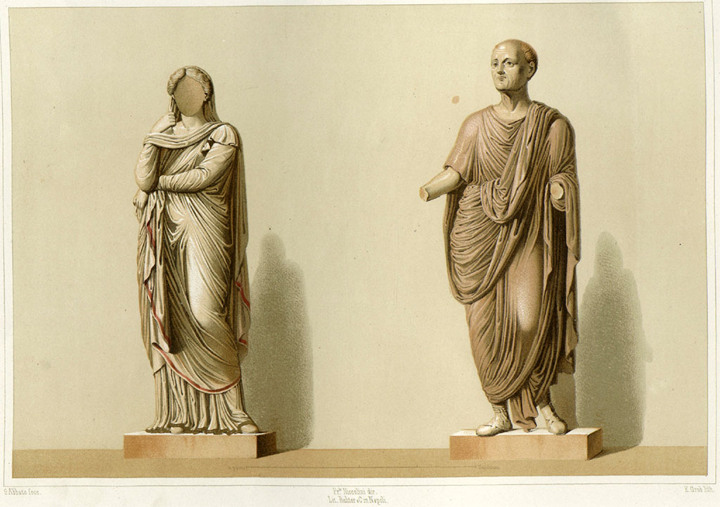 VII.4.1 Pompeii. 1854. Sacred area or cella. Painting by G. Abbate of male and female statues found in the temple.
See Niccolini F, 1854. Le case ed i monumenti di Pompei: Volume Primo. Napoli, Tempio della Fortuna, Tav. II.
