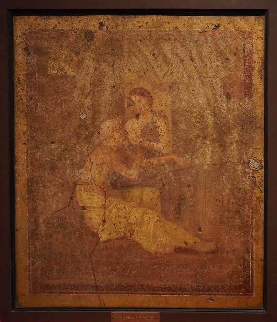 VII.4.10 Pompeii? Painting of Micone e Perona from Pompei, possibly this house.
Now in Naples Archaeological Museum. Inventory number unclear, possibly 9040.
Our thanks to Rachel Lowder for helping with this.

