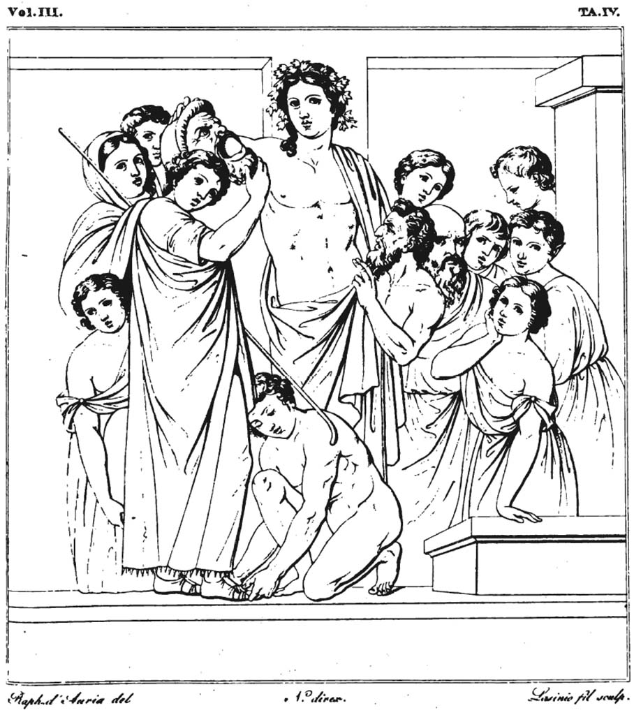 VII.4.22 Pompeii. Pre-1827. Drawing of painting of Bacchus holding a Comedy mask.
This was found on the wall of a small room which protrudes opposite the side entrance of the so-called Pantheon.
This may not be the exact location of the finding of the painting, but it must have been somewhere in the local vicinity.
Naples Archaeological Museum, inventory number 9050.
See Real Museo Borbonico Vol. III, 1827, Tav. IV.
See Helbig, W., 1868. Wandgem�lde der vom Vesuv versch�tteten St�dte Campaniens. Leipzig: Breitkopf und H�rtel, no. 408 p. 102.
Kuivalainen comments �
�This is a theatrical scene with three different events presented as a compact composition. The tallest figure in the middle is Bacchus, the inventor and protector of theatre, accompanied by the faithful Silenus. On the left, an actor is preparing for his role, assisted with his outfit by two other figures; perhaps he is seeking inspiration from the mask, which is also touched by the divinity. On the right, perhaps spectators, a heterogeneous lot. This could be a rare depiction of Bacchus inside a theatre, with an altar in front of the picture field. Though there are many theatrical wall paintings in Pompeii, they present other kinds of Bacchic themes, eg, in the house of Marcus Lucretius (IX.3.5) and in the house of Menander (I.10.4).�
See Kuivalainen, I., 2021. The Portrayal of Pompeian Bacchus. Commentationes Humanarum Litterarum 140. Helsinki: Finnish Society of Sciences and Letters, (F30, p.182, where he locates it as either at VII.4.22, or Villa of Cicero.)

