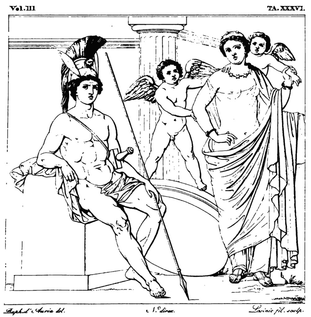 VII.4.22/23 Pompeii. Pre 1827. Drawing of painting of Mars and Venus.
According to Real Museo Borbonico �
�Questo dipinto per venusta e per grazia sopra ogni altro singolare adornava la stanza accanto alla porta della casa di un pompeiano, che abitava dirimpetto l�ingresso laterale dell�edificio volgarmente detto Panteon.�
(�This painting adorned the room next to the door of a Pompeian, who lived opposite the side entrance of a building commonly called the Pantheon.�). [VII.9.19/7/8]
See Real Museo Borbonico Vol. III, 1827, Tav. XXXVI.
See Helbig, W., 1868. Wandgem�lde der vom Vesuv versch�tteten St�dte Campaniens. Leipzig: Breitkopf und H�rtel, no. 327.
(Note: this could have been found in either VII.4.21, 22 or 23).

