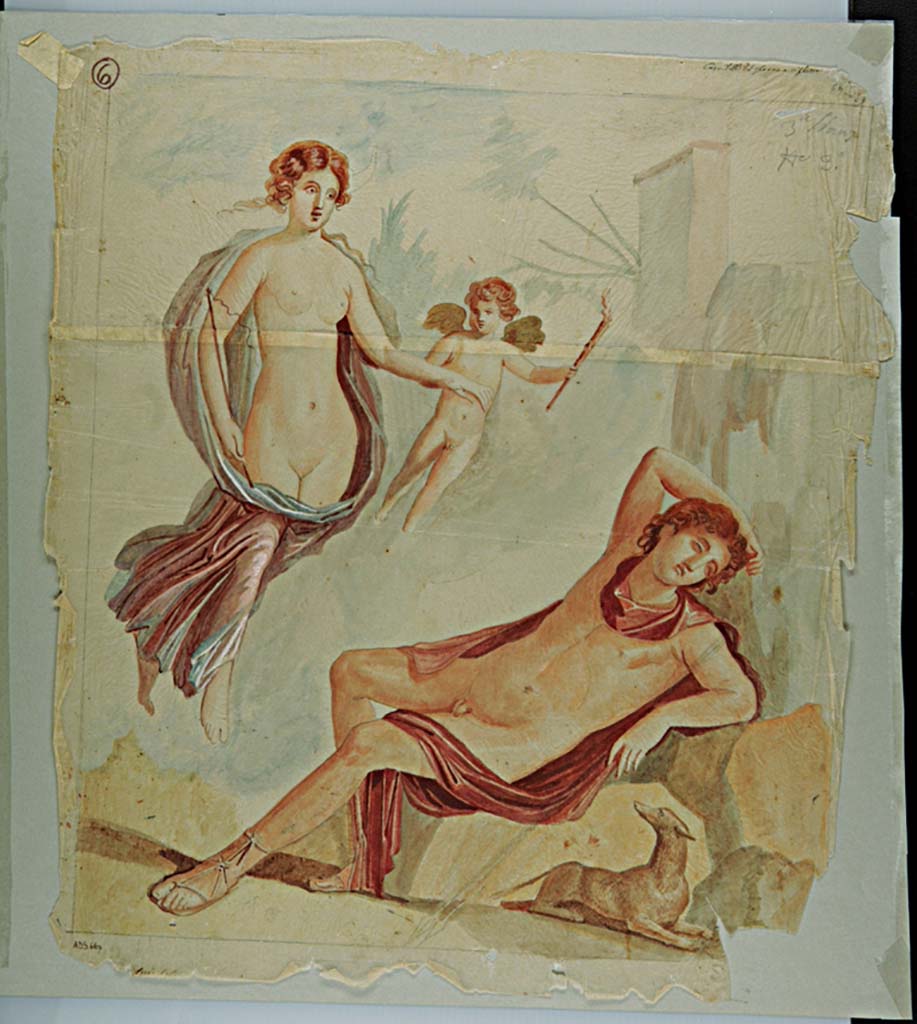 VII.4.29 Pompeii. Painting by Giuseppe Marsigli, of Selene and Endymion, painting now faded and lost. 
Found in the same room, as the painting of Perseus and Andromeda.
According to Fiorelli, there was also a painting of the Three Graces.
See Pappalardo, U., 2001. La Descrizione di Pompei per Giuseppe Fiorelli (1875). Napoli: Massa Editore. (p,90).
See Helbig, W., 1868. Wandgem�lde der vom Vesuv versch�tteten St�dte Campaniens. Leipzig: Breitkopf und H�rtel, (954).
Now in Naples Archaeological Museum. Inventory number ADS 667.
Photo � ICCD. https://www.catalogo.beniculturali.it/
Utilizzabili alle condizioni della licenza Attribuzione - Non commerciale - Condividi allo stesso modo 2.5 Italia (CC BY-NC-SA 2.5 IT)
