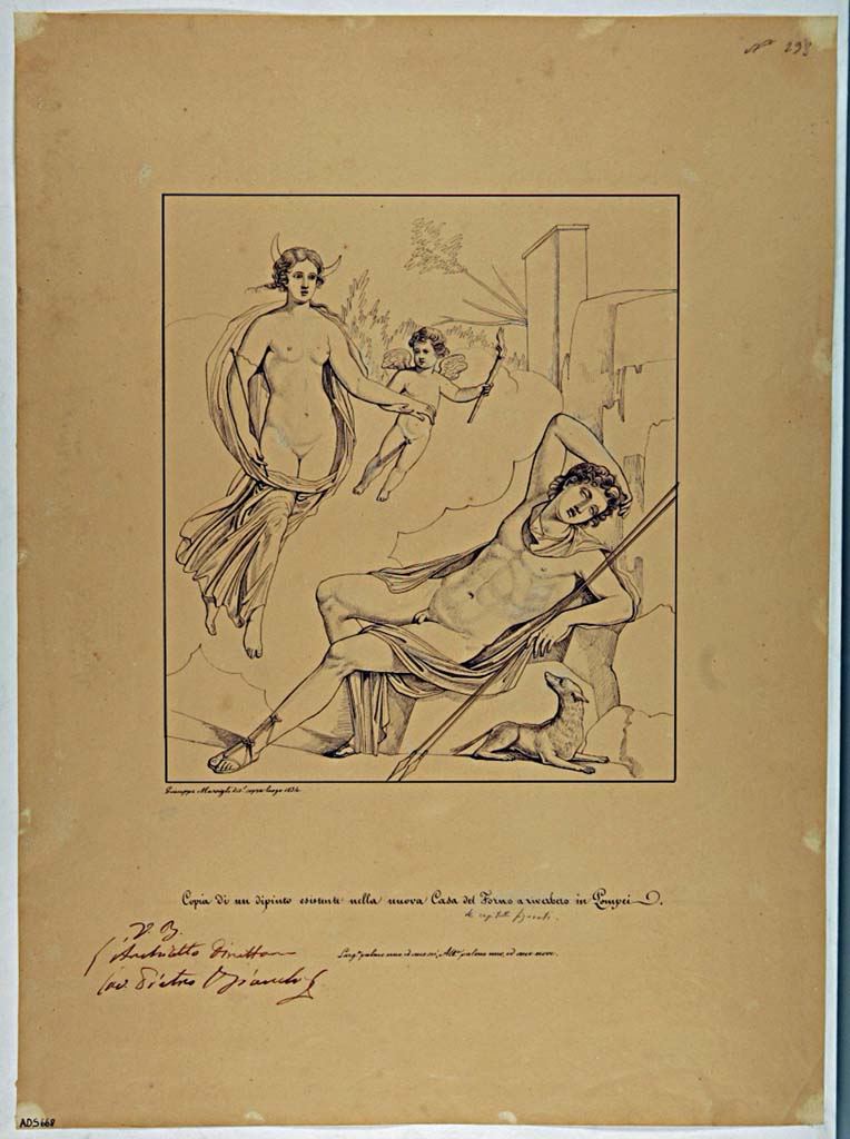 VII.4.29 Pompeii. Drawing of Selene and Endymion by Giuseppe Marsigli, 1834, written below was 
�Copy of a painting existing in the new Casa del Forno a riverbero in Pompeii (corrected to �in the capitelli figurati�)�.
The house of the figured capitals is the house at the rear of this one and is linked to it.
Now in Naples Archaeological Museum. Inventory number ADS 668.
Photo � ICCD. https://www.catalogo.beniculturali.it/
Utilizzabili alle condizioni della licenza Attribuzione - Non commerciale - Condividi allo stesso modo 2.5 Italia (CC BY-NC-SA 2.5 IT)
