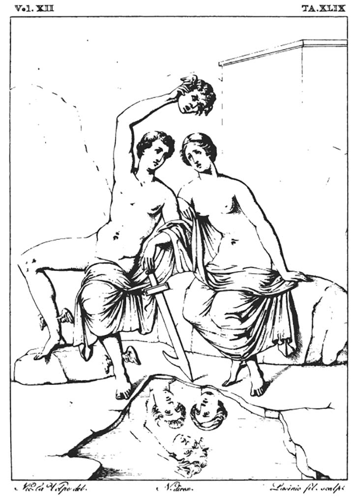 VII.4.29 Pompeii. 1839 drawing by Nicola la Volpe of painting of Perseus and Andromeda, now faded and lost. 
Found in the same room as Selene and Endymion, and according to Fiorelli, there was also a painting of The Three Graces.
See Real Museo Borbonico XII, 1839, Tav. XLIX.
See Helbig, W., 1868. Wandgem�lde der vom Vesuv versch�tteten St�dte Campaniens. Leipzig: Breitkopf und H�rtel, 1194.
See Carratelli, G. P., 1990-2003. Pompei: Pitture e Mosaici: Vol. VI. Roma: Istituto della enciclopedia italiana, p. 994.
