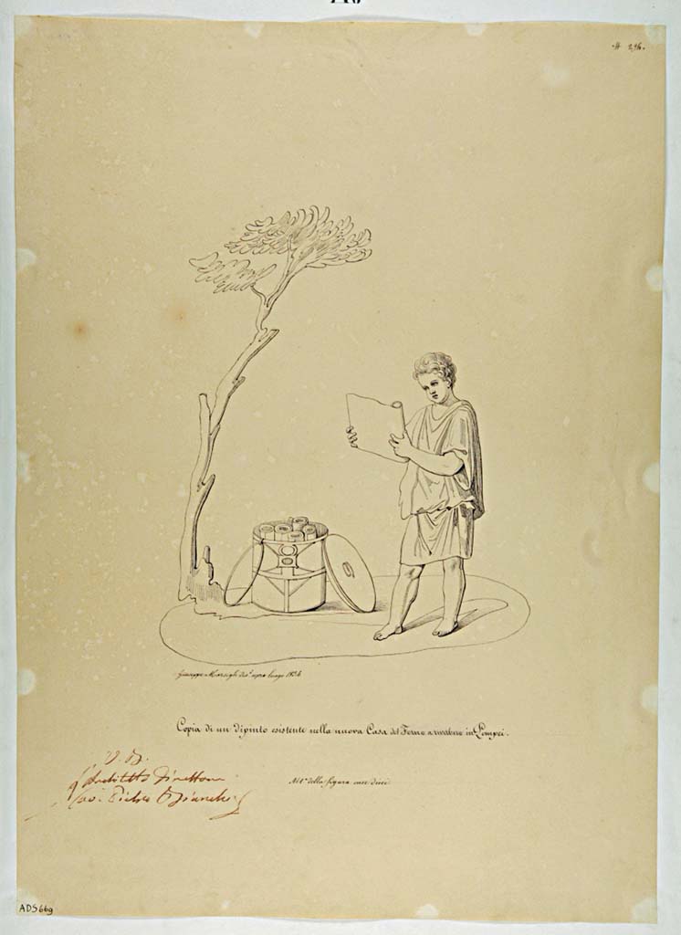 VII.4.29 Pompeii. Drawing by Giuseppe Marsigli, 1834, of boy opening a scroll with round box of scrolls at his feet.
Copy of a painting existing in the new Casa del Forno a riverbero in Pompeii. (Helbig 1419).
Now in Naples Archaeological Museum. Inventory number ADS 669.
Photo � ICCD. https://www.catalogo.beniculturali.it/
Utilizzabili alle condizioni della licenza Attribuzione - Non commerciale - Condividi allo stesso modo 2.5 Italia (CC BY-NC-SA 2.5 IT)
See Helbig, W., 1868. Wandgem�lde der vom Vesuv versch�tteten St�dte Campaniens. Leipzig: Breitkopf und H�rtel, 1419.
