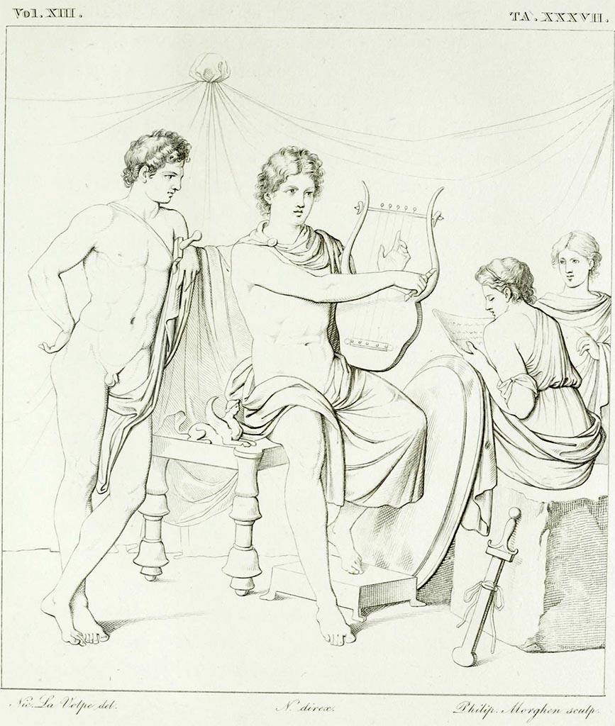 VII.4.31/51 Pompeii. Room 29, mythological painting by La Volpe, from north wall, now completely lost.  
According to Bechi in RMB this may be Achilles playing the lyre, with Patroclus leaning on the throne, with the two young girls Diomedea of Lesbos, Achilles' favorite slave, and Ifi of Skyros, dear and beloved to Patroclus..
See Real Museo Borbonico, vol. XIII, (1843), Tav. XXXVII. 
See Carratelli, G. P., 1990-2003. Pompei: Pitture e Mosaici. Vol. 6, (VI). Roma: Istituto della enciclopedia italiana, p. 1081.
