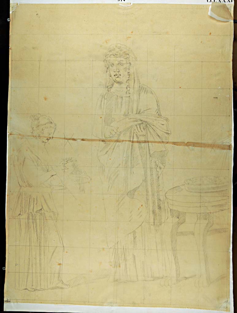 VII.4.31/51 Pompeii. Room 29, east wall of apsidal exedra. Drawing by Antonio Ala, of painting of a priestess receiving the offerings from a maid to deposit upon the altar.
Now in Naples Archaeological Museum. Inventory number ADS 614.
Photo © ICCD. http://www.catalogo.beniculturali.it
Utilizzabili alle condizioni della licenza Attribuzione - Non commerciale - Condividi allo stesso modo 2.5 Italia (CC BY-NC-SA 2.5 IT)
See Helbig, W., 1868. Wandgemälde der vom Vesuv verschütteten Städte Campaniens. Leipzig: Breitkopf und Härtel, 1410.
