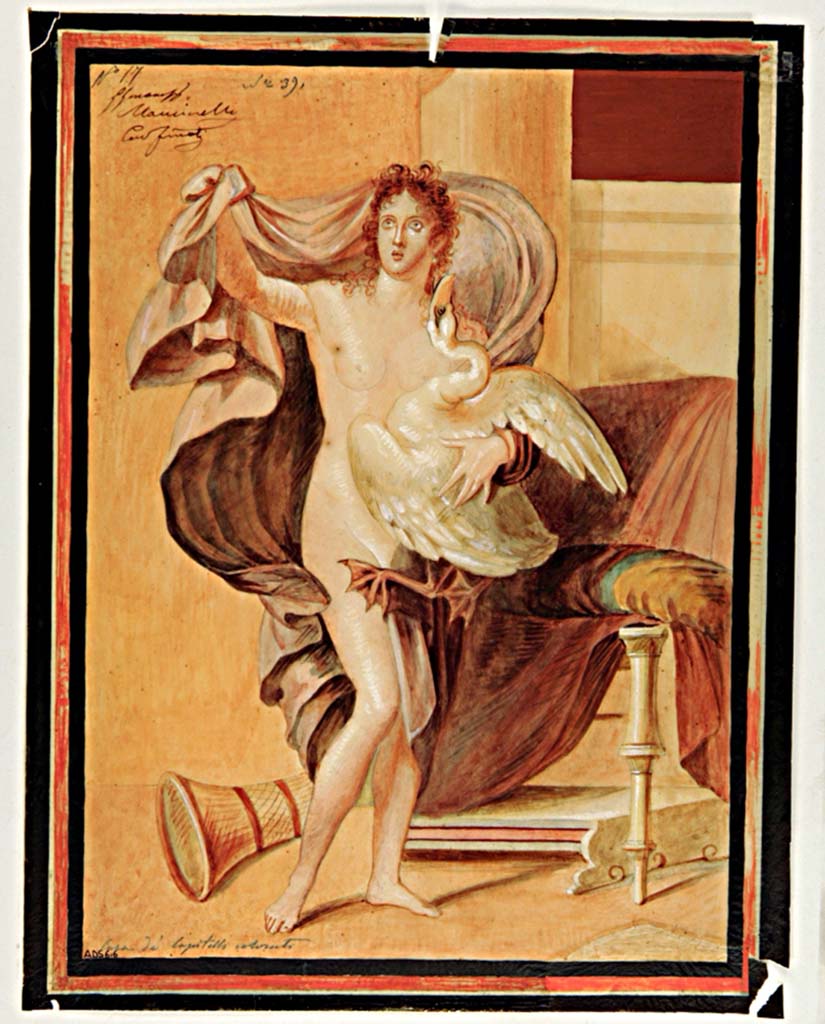 VII.4.31/51 Pompeii. First half of 19th century copy of painting of Leda and the Swan by Giuseppe Marsigli from east wall of apsidal exedra, room 29. 
Now in Naples Archaeological Museum. Inventory number ADS 616.
Photo © ICCD. http://www.catalogo.beniculturali.it
Utilizzabili alle condizioni della licenza 