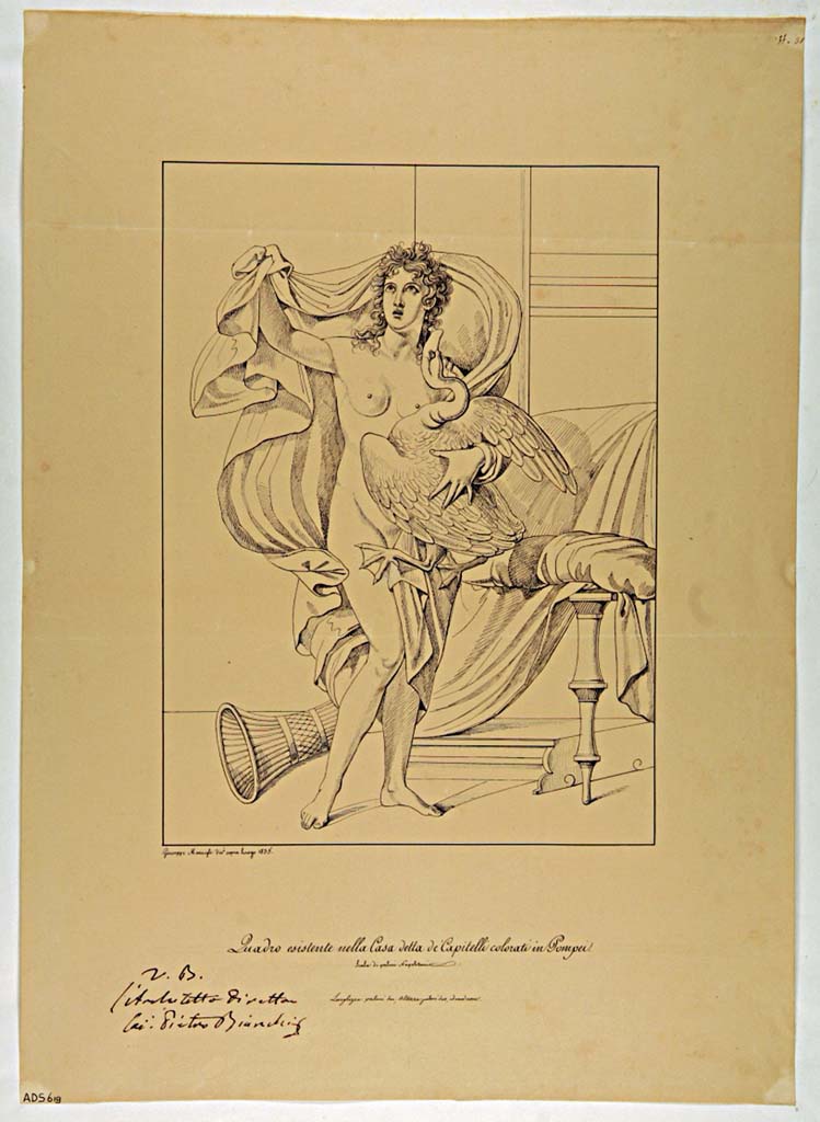 VII.4.31/51 Pompeii. Room 29, Leda and the Swan on east wall. Drawing by Giuseppe Marsigli, 1835.
Now in Naples Archaeological Museum. Inventory number ADS 619.
Photo © ICCD. http://www.catalogo.beniculturali.it
Utilizzabili alle condizioni della licenza Attribuzione - Non commerciale - Condividi allo stesso modo 2.5 Italia (CC BY-NC-SA 2.5 IT)
