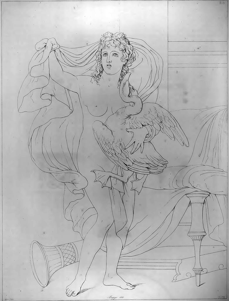 VII.4.31/51 Pompeii. 1833/34. 
Room 29, Leda and the Swan, drawing by Zahn of painting on east wall. 
See Zahn, W., 1842-44. Die schönsten Ornamente und merkwürdigsten Gemälde aus Pompeji, Herkulanum und Stabiae: II. Berlin: Reimer, (pl.20).
