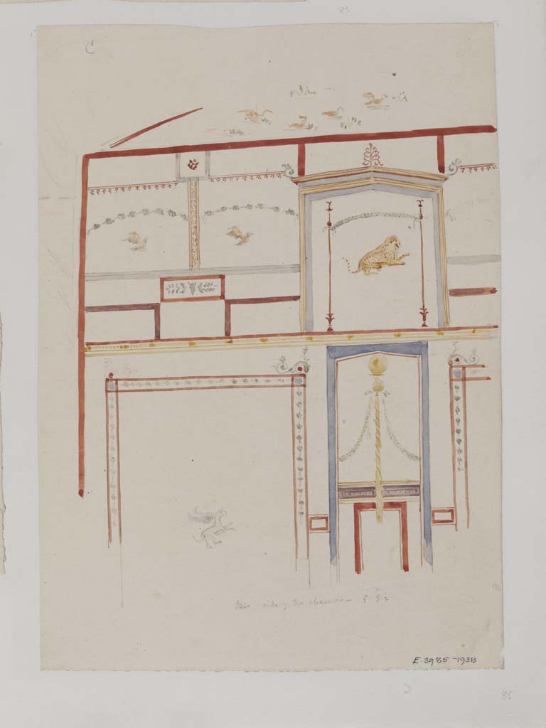 VII.4.31/51 Pompeii. c.1840. Watercolour painting by James William Wild, looking towards a vaulted wall in cubiculum 33.
Photo � Victoria and Albert Museum, inventory number E.3985-1938.
(Note: according to PPM, this is showing the north wall of the cubiculum, the one with the circular window at the top of the wall.
However, as James William Wild did not show a window, one assumes this could be the other vaulted wall at the south end.)
See Carratelli, G. P., 1990-2003. Pompei: Pitture e Mosaici, 6. Roma: Istituto della enciclopedia italiana, p.1097, and fig. 148).

