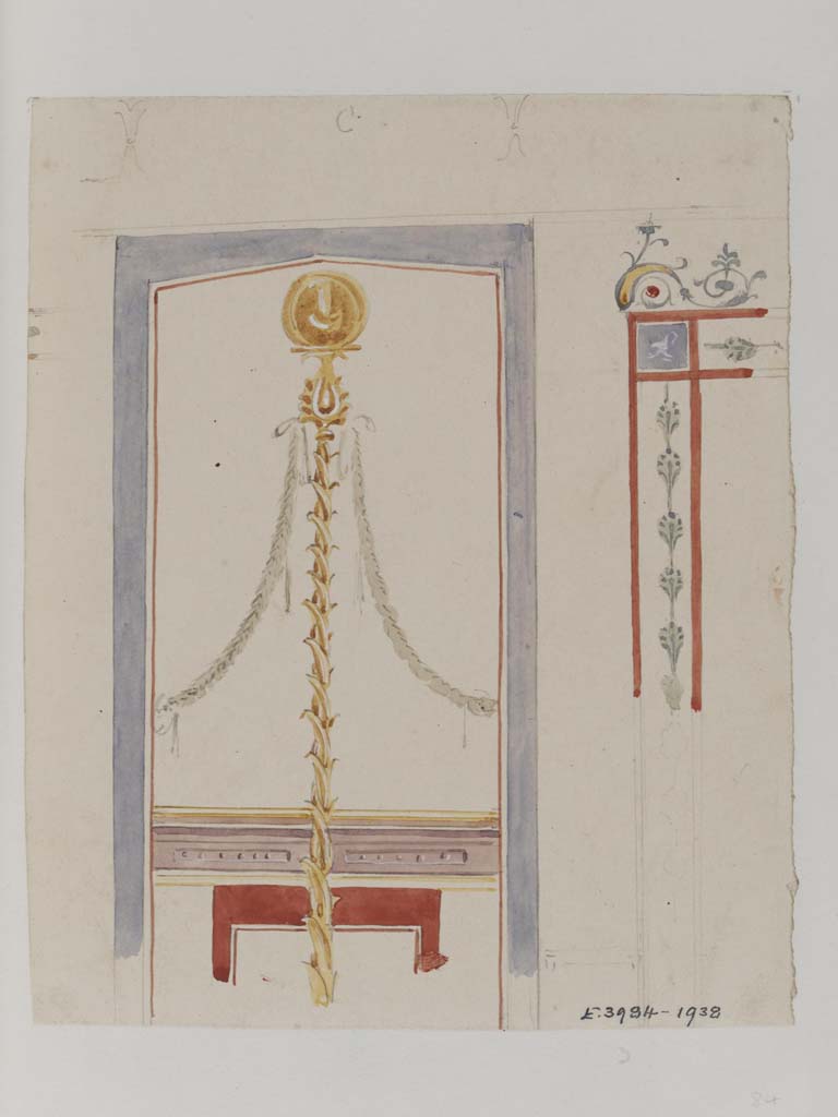 VII.4.31/51 Pompeii. c.1840. 
Watercolour painting by James William Wild, showing detail of central globe and top of side panels on vaulted wall of cubiculum 33.
Photo � Victoria and Albert Museum, inventory number E.3984-1938.

