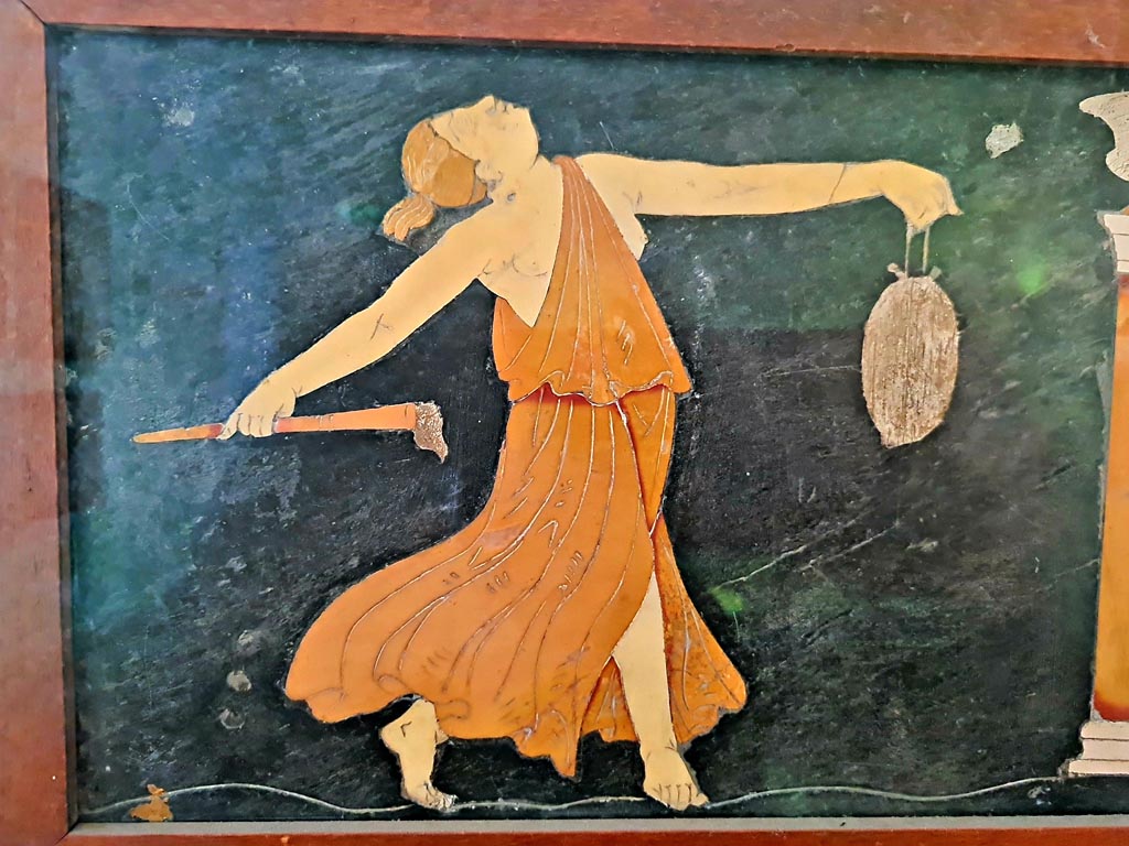 VII.4.31/51 Pompeii. Found in tablinum on 22nd May 1845. Detail of Maenad from Dionysian scene. 
Now in Naples Archaeological Museum. Inventory number 9977. Photo courtesy of Giuseppe Ciaramella. September 2024.
