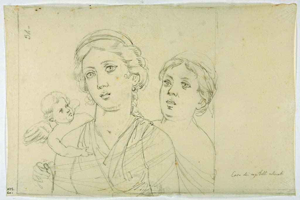 VII.4.31/51 Pompeii. Anonymous drawing showing detail from wall in room 12, now faded.
Now in Naples Archaeological Museum. Inventory number ADS 601.
Photo © ICCD. http://www.catalogo.beniculturali.it
Utilizzabili alle condizioni della licenza Attribuzione - Non commerciale - Condividi allo stesso modo 2.5 Italia (CC BY-NC-SA 2.5 IT)
