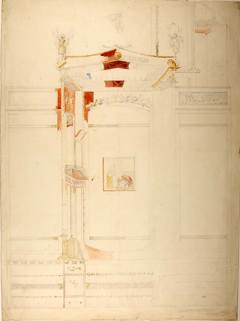 VII.4.31/51 Pompeii. Room 18, south wall. 1841 painting by Carl Loffler, Wall decoration from Colona Colorato in Pompeii.
Photo courtesy of Thorvaldsens Museum, Copenhagen. Inventory number D1811. www.thorvaldsensmuseum.dk Use CC0 Public Domain
