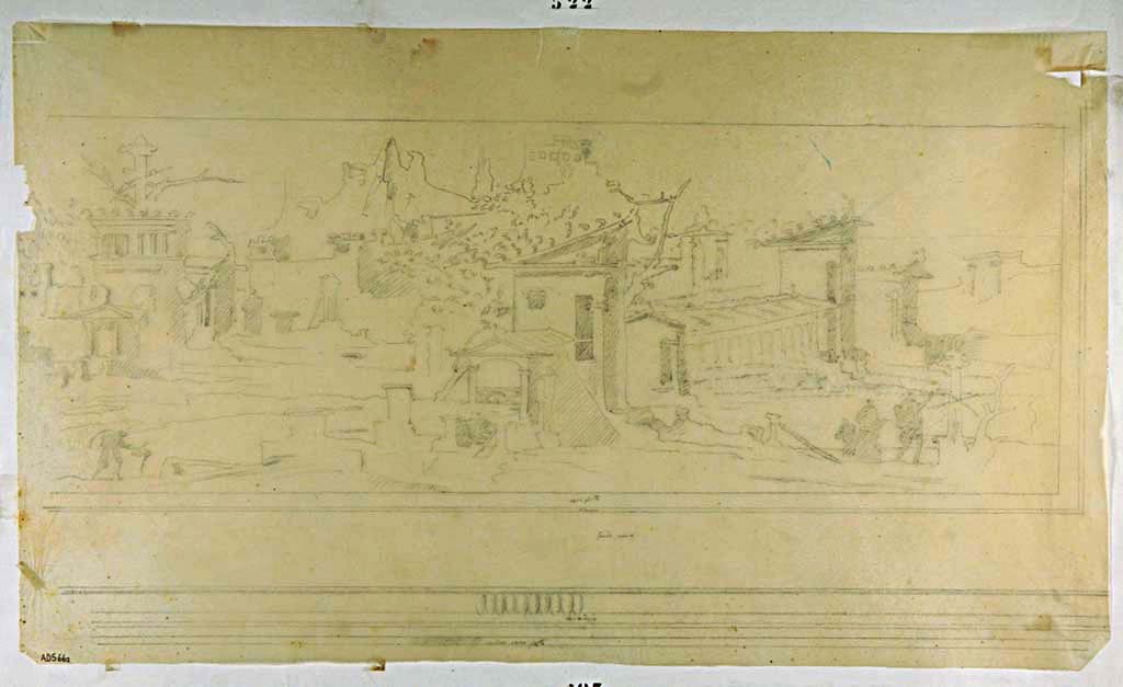 VII.4.31/51 Pompeii. 
Room 18, south wall of exedra. Drawing of panel with architectural landscape from upper central area of south wall, by Antonio Ala. 
Now in Naples Archaeological Museum. Inventory number ADS 662.
Photo © ICCD. https://www.catalogo.beniculturali.it/
Utilizzabili alle condizioni della licenza Attribuzione - Non commerciale - Condividi allo stesso modo 2.5 Italia (CC BY-NC-SA 2.5 IT)
