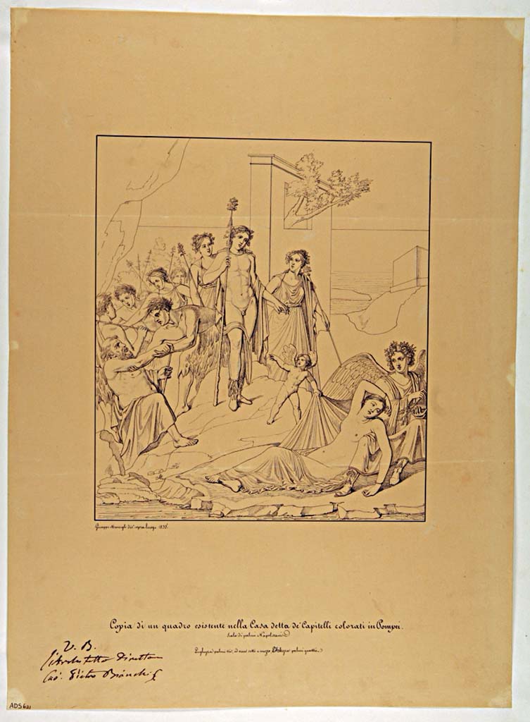 VII.4.31/51 Pompeii. Room 20, west wall. Drawing by N. La Volpe of painting of Ariadne abandoned on Naxos.
Now in Naples Archaeological Museum. Inventory number ADS 621.
Photo © ICCD. http://www.catalogo.beniculturali.it
Utilizzabili alle condizioni della licenza Attribuzione - Non commerciale - Condividi allo stesso modo 2.5 Italia (CC BY-NC-SA 2.5 IT)
