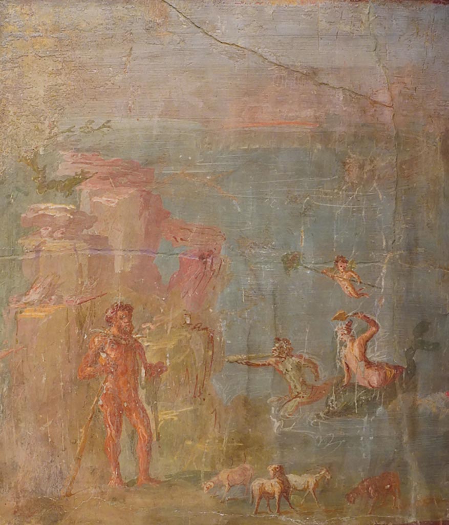 VII.4.31/51 Pompeii. Room 22, west wall. 
The central wall painting was a mythological landscape showing Polyphemus, looking out to sea at his beloved Galatea.  
Now in Naples Museum. Inventory number 8886.
Our thanks to Rachel Lowder for helping with this.
