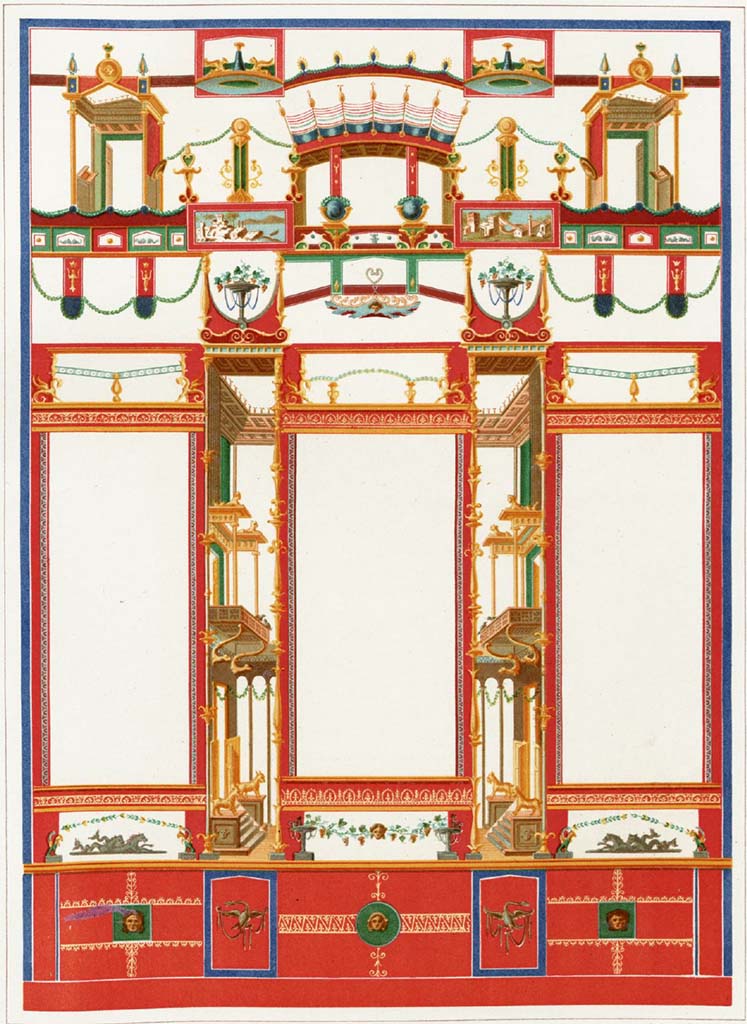 VII.4.31/51 Pompeii. 1890 painting by A. Magliano. Room 23, west wall in exedra/tablinum.
See Niccolini F, 1890. Le case ed i monumenti di Pompei: Volume Terzo. Napoli, Arte Tav. 54.
See Carratelli, G. P., 1990-2003. Pompei: Pitture e Mosaici: Vol. VI. Roma: Istituto della enciclopedia italiana, p. 1068, n. 103.
