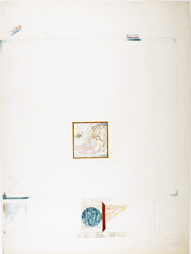 VII.4.31/51 Pompeii. Room 24, east wall. 1841 painting by Carl Loffler, Wall decoration from Colona Colorato in Pompeii.
Photo courtesy of Thorvaldsens Museum, Copenhagen. Inventory number D1813. www.thorvaldsensmuseum.dk Use CC0 Public Domain
