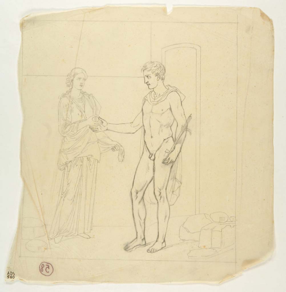 VII.4.48 Pompeii. Room 11, east wall of tablinum. Preparatory drawing attributed to Giuseppe Marsigli, but not signed. 
Now in Naples Archaeological Museum. Inventory number ADS 580.
Photo © ICCD. https://www.catalogo.beniculturali.it/
Utilizzabili alle condizioni della licenza Attribuzione - Non commerciale - Condividi allo stesso modo 2.5 Italia (CC BY-NC-SA 2.5 IT)