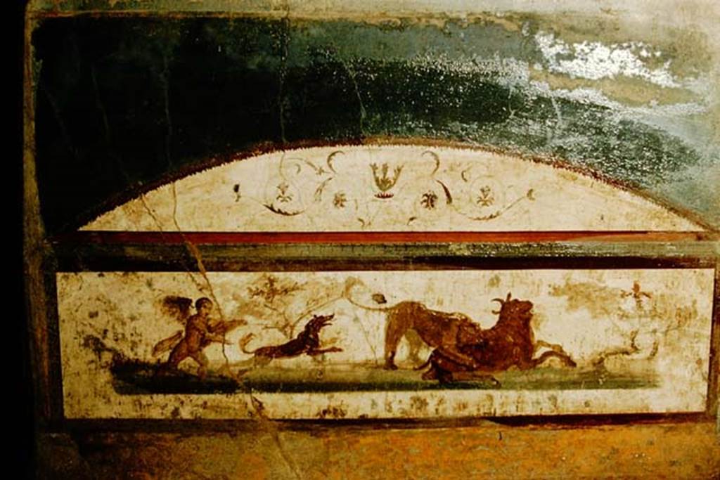 VII.4.48 Pompeii. 1957. Room 11, detail from south wall of tablinum.  Photo by Stanley A. Jashemski.
Source: The Wilhelmina and Stanley A. Jashemski archive in the University of Maryland Library, Special Collections (See collection page) and made available under the Creative Commons Attribution-Non Commercial License v.4. See Licence and use details.
J57f0351
