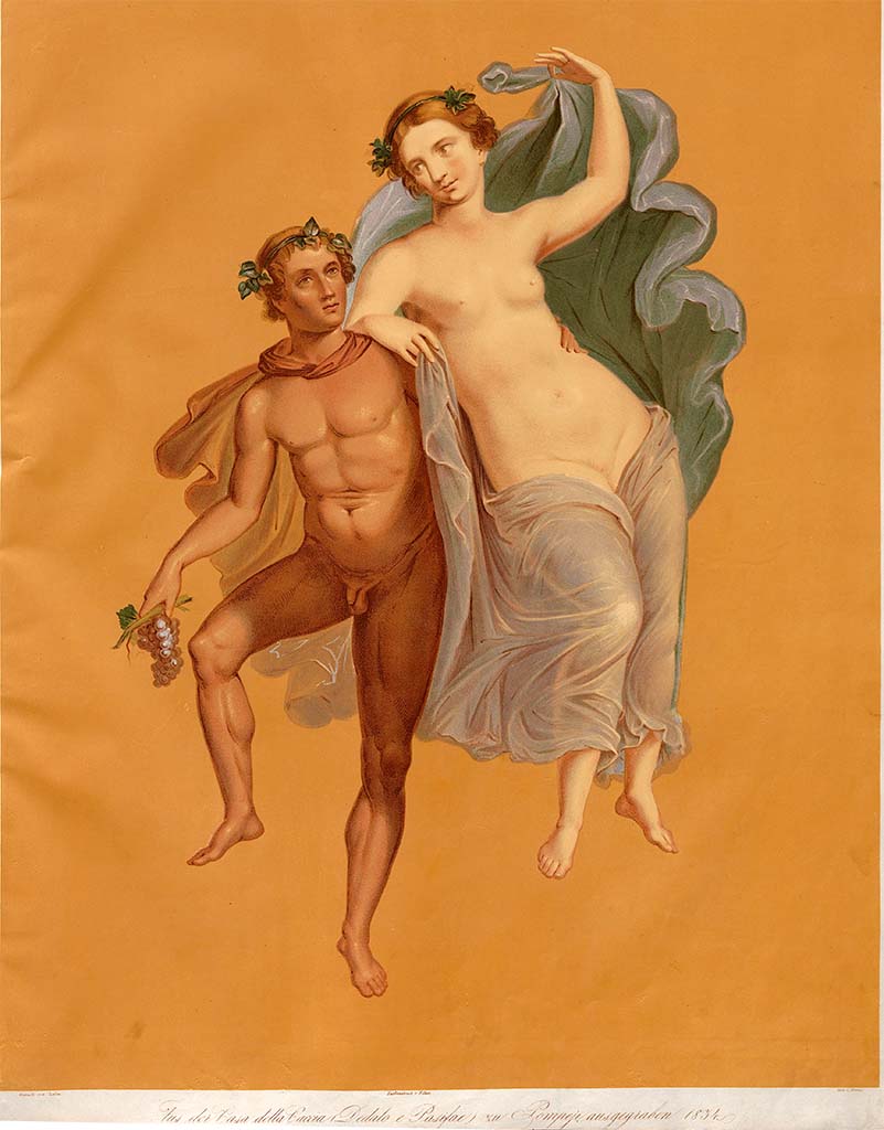 VII.4.48 Pompeii. c.1834. Painting by Zahn of a flying group perhaps representing Bacchus and Ariadne, or else Baccantes. 
According to Zahn, this was found on the north wall of the exedra.
On the west wall would have been seen another flying group, counterpart to the above.
See Zahn, W., 1842-44. Die sch�nsten Ornamente und merkw�rdigsten Gem�lde aus Pompeji, Herkulanum und Stabiae: II. Berlin: Reimer, taf. 87, and plan of house on pl.80 for position of �f� and �g�.)
