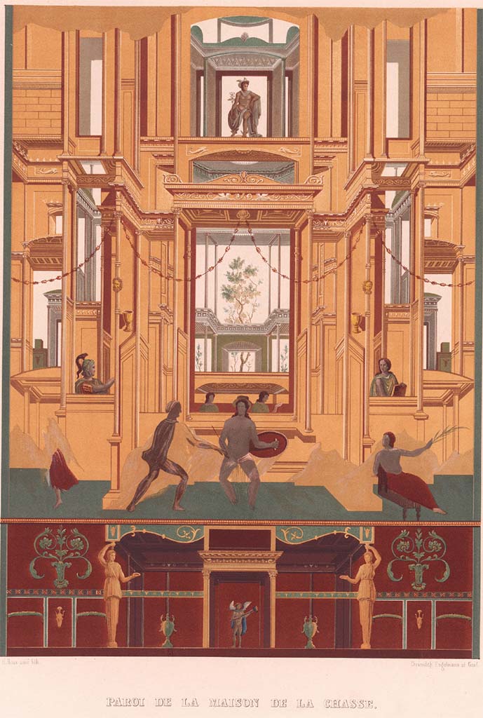 VII.4.48 Pompeii. Pre-1846. Room 13, painting of west wall, by Raoul Rochette.
See Raoul-Rochette M., 1846. Choix de Peintures de Pompei. Paris : L�Imprimerie Royale, (pl.12).
According to Zahn, in the centre of the wall was a painting of Ulysses discovering Achilles.
See Zahn, W., 1842-44. Die sch�nsten Ornamente und merkw�rdigsten Gem�lde aus Pompeji, Herkulanum und Stabiae: II. Berlin: Reimer, (pl.80 for plan, however note that his plan shows the room next to the west ala (our room 14) as being empty of paintings, whereas this is the room that has the paintings of Leda, Danae and Venus, which he has shown as being in the next cubiculum (our room 15) in the north-west corner of the atrium, which is in fact empty of decorations).
