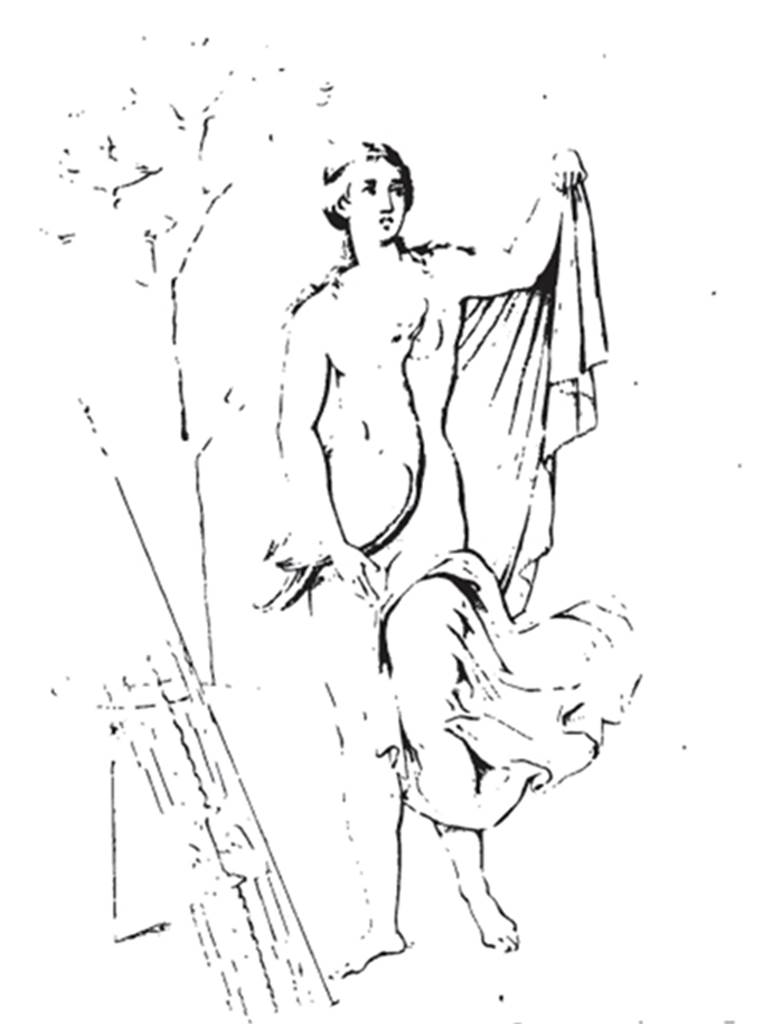 VII.4.48 Pompeii. About 1835.  Room 14, centre panel of south wall of cubiculum. Sketch of wall painting of Leda and the swan. See Helbig, W., 1868. Wandgem�lde der vom Vesuv versch�tteten St�dte Campaniens. Leipzig: Breitkopf und H�rtel. (145). See also Real Museo Borbonico XI (Pl 21)
