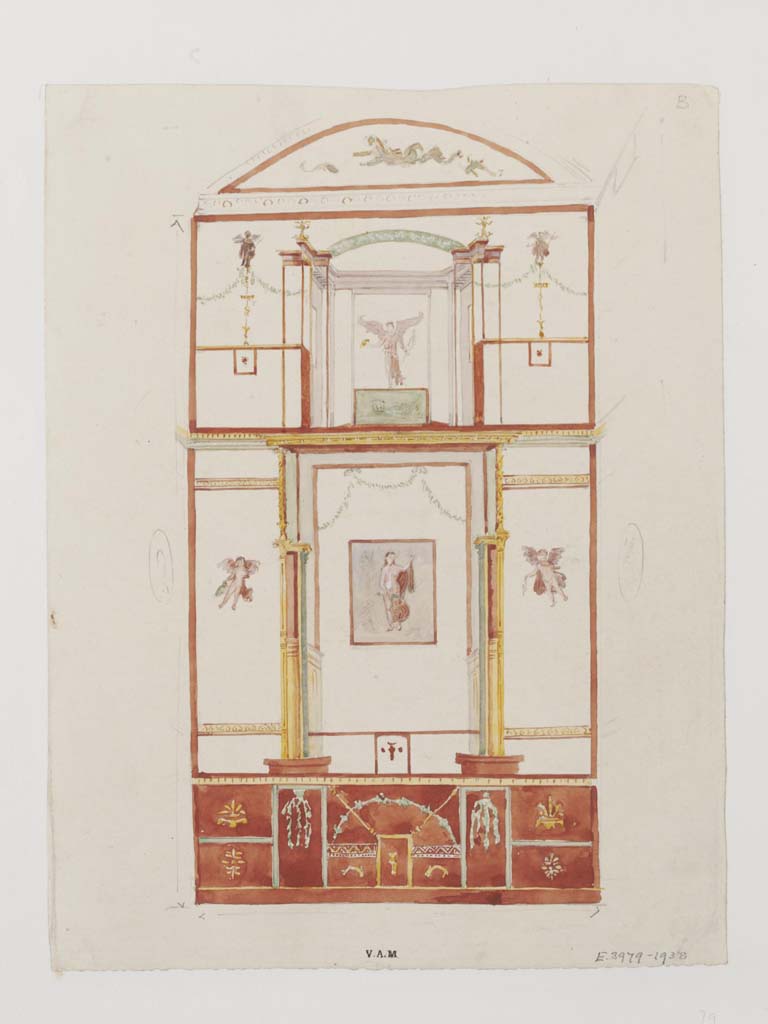 VII.4.48 Pompeii. c.1840. Room 14, looking towards west wall of cubiculum, painted by James William Wild.
(Note: the central painting here shows Leda and the Swan, which is from the south wall). 
Photo � Victoria and Albert Museum, inventory number E.3979-1938.
