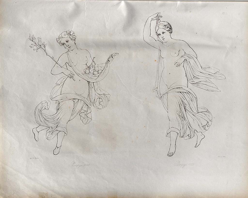 VII.4.48 Pompeii. Found 1839 and 1840, two feminine flying figures. 
According to Zahn � �The figure found in November 1839 in a new house on the Strada della Fortuna, was painted on a red background, the clothing was yellow above and white below; the clothing on the left arm was violet.
The other figure with the fruits and carrying a branch in the right hand (perhaps this figure represents Summer or Autumn, belonging to the same house, and was painted on a yellow background.�
See Zahn, W., 1842-44. Die sch�nsten Ornamente und merkw�rdigsten Gem�lde aus Pompeji, Herkulanum und Stabiae: II. Berlin: Reimer, taf. 8.
