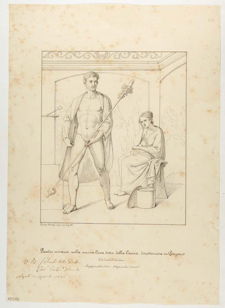 VII.4.48 Pompeii. Drawing by Giuseppe Marsigli, 1836, of a painting now faded away/disappeared but thought to be from this room.
The subject of the painting has not been identified but is of a masculine figure with thyrsus and a seated female figure.
See Helbig, W., 1868. Wandgemälde der vom Vesuv verschütteten Städte Campaniens. Leipzig: Breitkopf und Härtel. (1393)
Now in Naples Archaeological Museum. Inventory number ADS 593.
Photo © ICCD. http://www.catalogo.beniculturali.it
Utilizzabili alle condizioni della licenza Attribuzione - Non commerciale - Condividi allo stesso modo 2.5 Italia (CC BY-NC-SA 2.5 IT)
