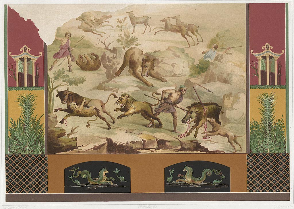VII.4.48 Pompeii. Painting by Niccolini showing hunt scene and south wall.
See Niccolini F, 1862. Le case ed i monumenti di Pompei: Volume Secondo. Napoli, Descrizione Generale, Tav. LXXXII.