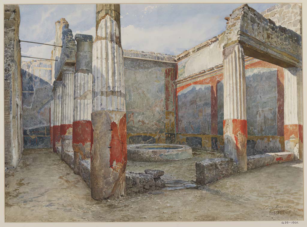 VII.4.48 Pompeii. c.1889? Watercolour by Luigi Bazzani, looking south-west across peristyle garden.
Photo © Victoria and Albert Museum. Inventory number 1429-1901.