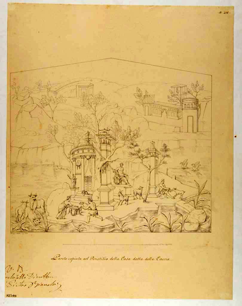 VII.4.48 Pompeii. Drawing by Giuseppe Abbate, 1835, of a painting copied from a wall in the peristyle.
The scene from the upper north end of west wall showed a sacred landscape, edged with a red border, but is now faded and lost.
Cows, a priestess making an offering in front of a tholos, a statue of Apollo, and a shepherd with goats would have been seen.
See Helbig, W., 1868. Wandgemälde der vom Vesuv verschütteten Städte Campaniens. Leipzig: Breitkopf und Härtel. (1555).
Now in Naples Archaeological Museum. Inventory number ADS 591.
Photo © ICCD. https://www.catalogo.beniculturali.it/
Utilizzabili alle condizioni della licenza Attribuzione - Non commerciale - Condividi allo stesso modo 2.5 Italia (CC BY-NC-SA 2.5 IT)