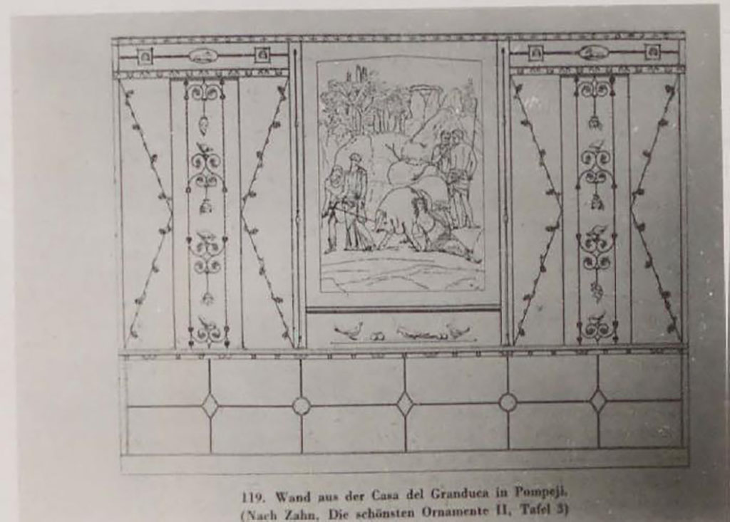 VII.4.56 Pompeii. Pre 1942. Room 9, tablinum.
According to Warscher, Zahn has left a design that gives an idea of the entire painted wall.
(Lo Zahn ci ha lasciato un disegno che ci da un�idea dell�intera parete dipinta.)
See Warscher, T. 1942. Catalogo illustrato degli affreschi del Museo Nazionale di Napoli. Sala LXXIX. Vol.1. Rome, Swedish Institute
