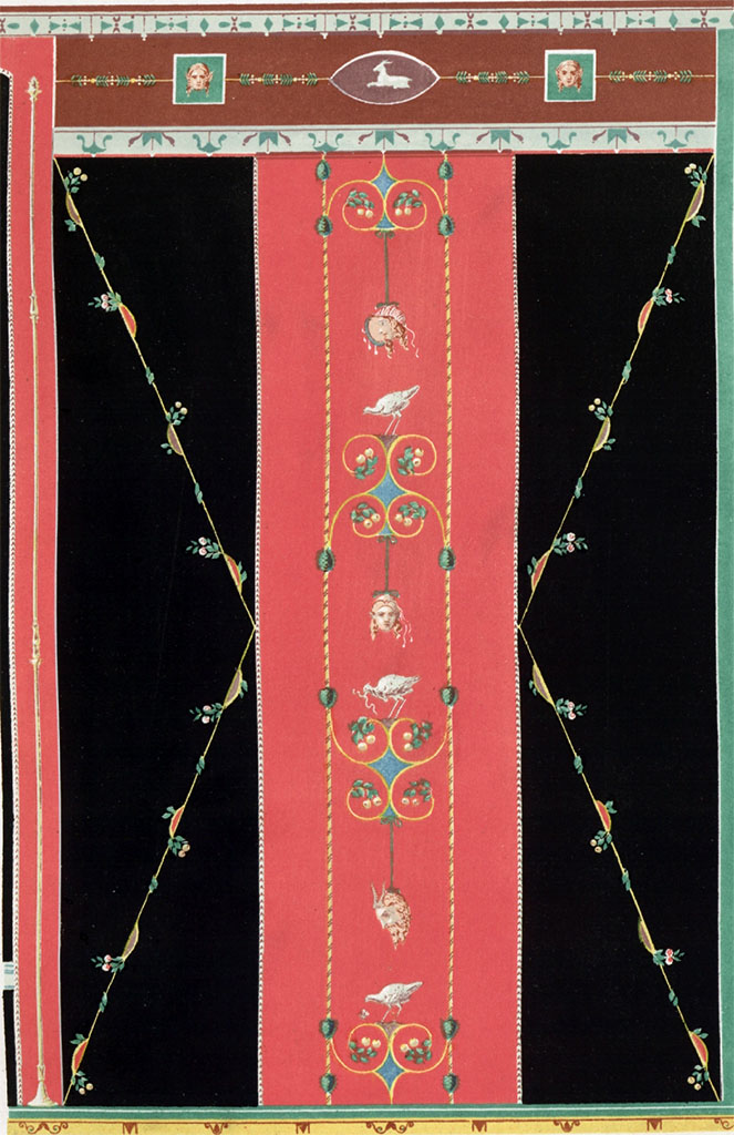 VII.4.56 Pompeii. Room 9, tablinum, east wall. 1849 painting of the panel to the right of the central zone.by Zahn.
See Zahn, W., 1849. Ornamente aller klassischen Kunst-Epochen nach den Originalen in ihren eigenth�mlichen Farben. Berlin: Reimer, Tav. 51.
See Carratelli, G. P., 1990-2003. Pompei: Pitture e Mosaici: Vol. VII. Roma: Istituto della enciclopedia italiana, p. 54, n. 18.
Note in PPM the painting is shown reversed from ours which we have shown as printed by Zahn in 1849 and in the drawing of 1842 above.
