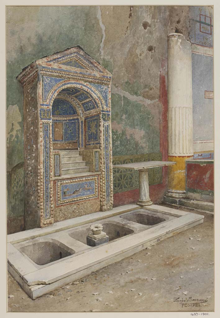 VII.4.56 Pompeii. Undated watercolour by Luigi Bazzani.
Looking south across garden area towards aedicula fountain.
Photo © Victoria and Albert Museum. Inventory number 1427-1901.
