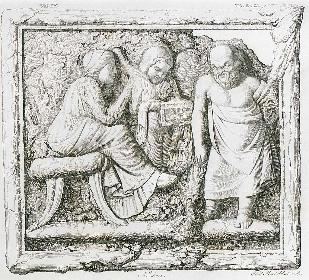 VII.4.57 Pompeii. 1833. Room 7, tablinum. Drawing by F. Mori of bronze plaque chest cladding.
Now in Naples Archaeological Museum. Inventory number 72823.
See Real Museo Borbonico Vol. IX, 1833, Tav. 59.
The bronze plaque worked in relief and applied to the wooden box showed in the centre Socrates, Diotima and Eros. 
See Carratelli, G. P., 1990-2003. Pompei: Pitture e Mosaici. VII. (7). Roma: Istituto della enciclopedia italiana, (p.71)
See Avellino, F. M. Descrizione di una Casa Pompejana Disotterrata in Pompeii nell’anno 1831, 1832, 1833 la terza alle spalle del tempio della Fortuna Augusta. Naples, 1837, Tav. VI, p. 53.

