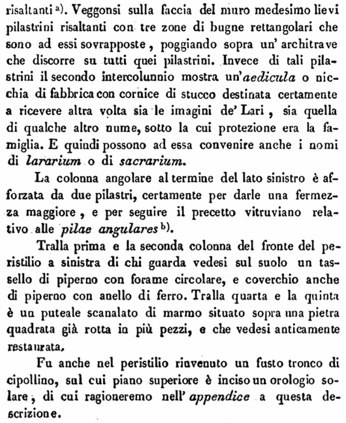 VII.4.57 Pompeii. Peristyle. Description by Avellino.
See Avellino, F. M. Descrizione di una Casa Pompejana Disotterrata in Pompeii nell’anno 1831, 1832, 1833 la terza alle spalle del tempio della Fortuna Augusta. Naples, 1837, (p.29).