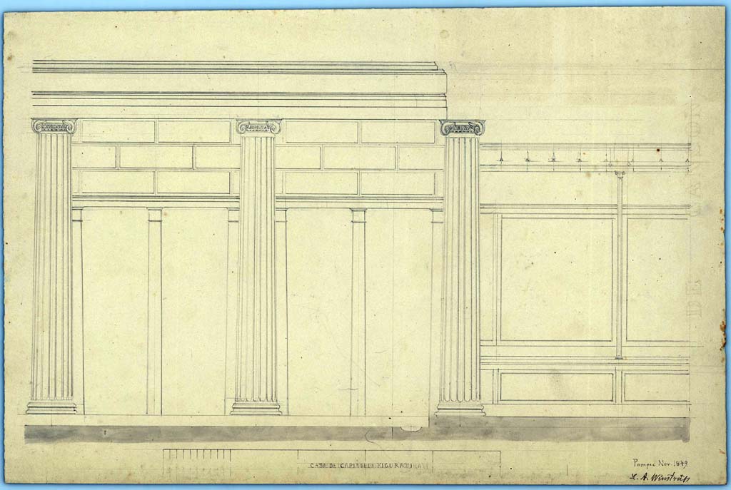 VII.4.57 Pompeii. November 1849. Peristyle.
Drawing by Laurits Albert Winstrup (1815-1889) showing the north end of the west wall but without the lararium.
Photo © Danmarks Kunstbibliotek, inventory number ark_6186b.
See Carratelli, G. P., 1990-2003. Pompei: Pitture e Mosaici: Vol. VII. Roma: Istituto della enciclopedia italiana, p. 90, no. 42.