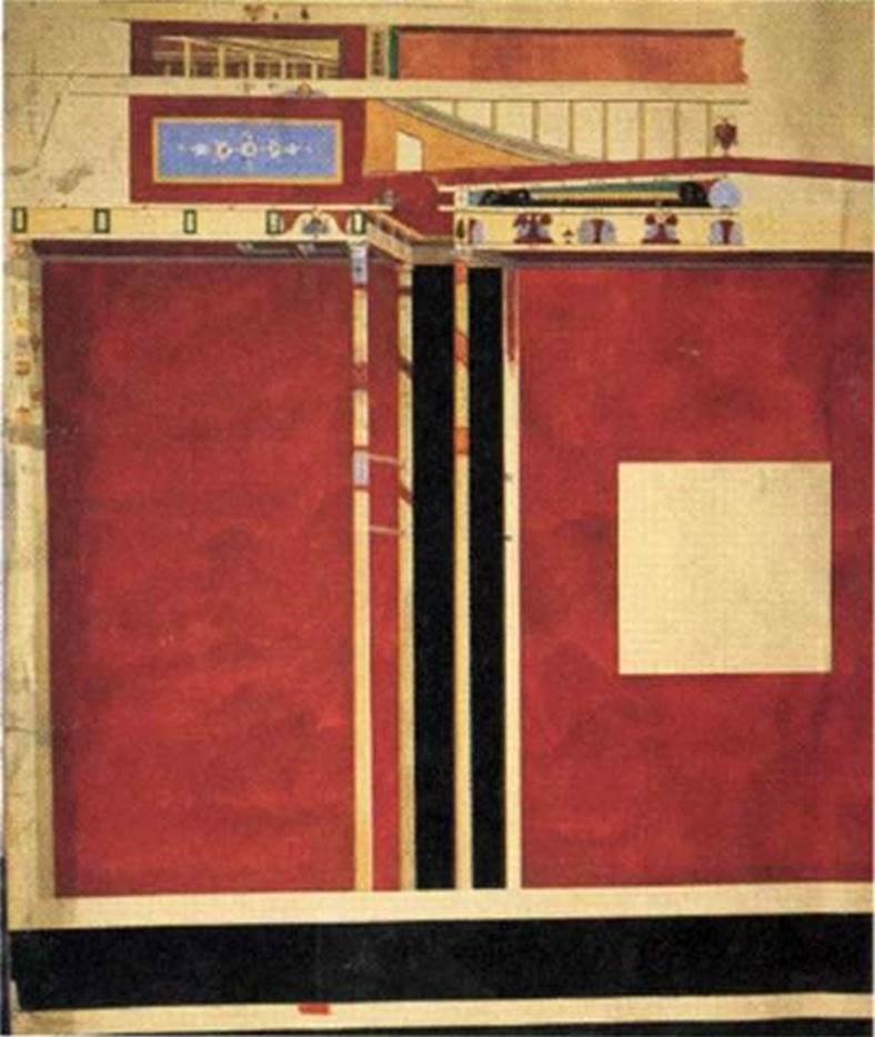 VII.4.59 Pompeii. 1837 painting by Boulanger of tablinum l, west wall, south and centre panels.