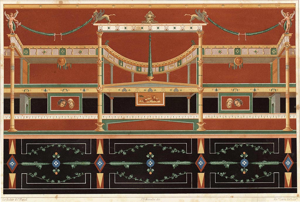 VII.4.59 Pompeii. Pre-1862 painting by Vincenzo Loria of oecus m, west wall.
According to Niccolini –
“PITTURA MURALE. - in questa tavola è evidentemente dimostrato che il seppellimento di Pompéi dovette avvenire in diversi periodi, ed in più o meno denso calorico. È però in­certo il precisare, se i rossi per tali circostanza, divennero gialli o viceversa, ma che ciò avvenisse e indubitato, come vedesi in questa parete tuttora esistente in Pompei.”  (Tav. LIII)
(trans: “WALL PAINTING. - in this table it is evidently demonstrated that the burial of Pompeii must have taken place in different periods, and in gretaer or lesser densities of heat. However, it is uncertain whether the reds became yellow under these circumstances or vice versa, but there is no doubt that this happened, as can be seen in this wall which still exists in Pompeii.”
See Niccolini F, 1862. Le case ed i monumenti di Pompei: Volume Secondo. Napoli, Tav. LIII.

